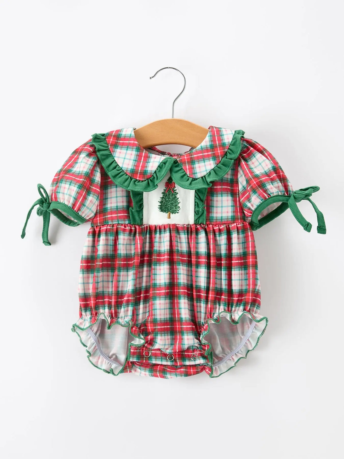 Christmas Tree Plaid Girls Romper Petals Collar Ruffle Rylee Faith Designs