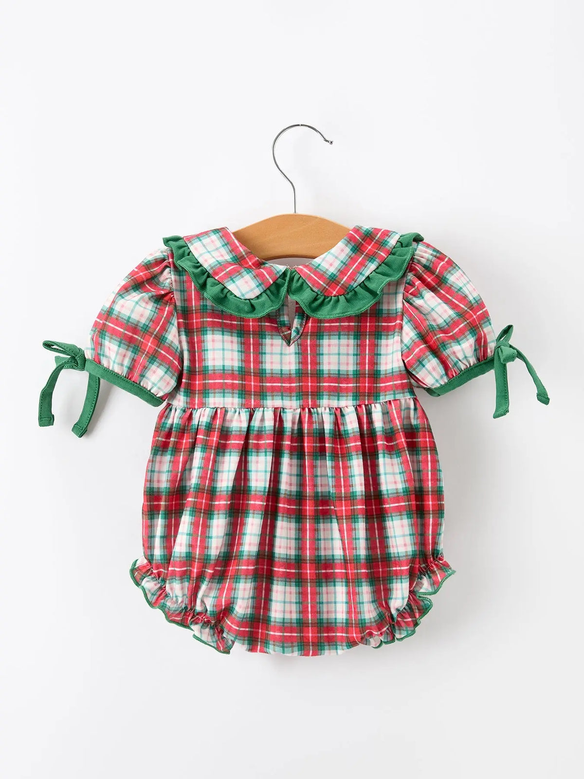 Christmas Tree Plaid Girls Romper Petals Collar Ruffle Rylee Faith Designs