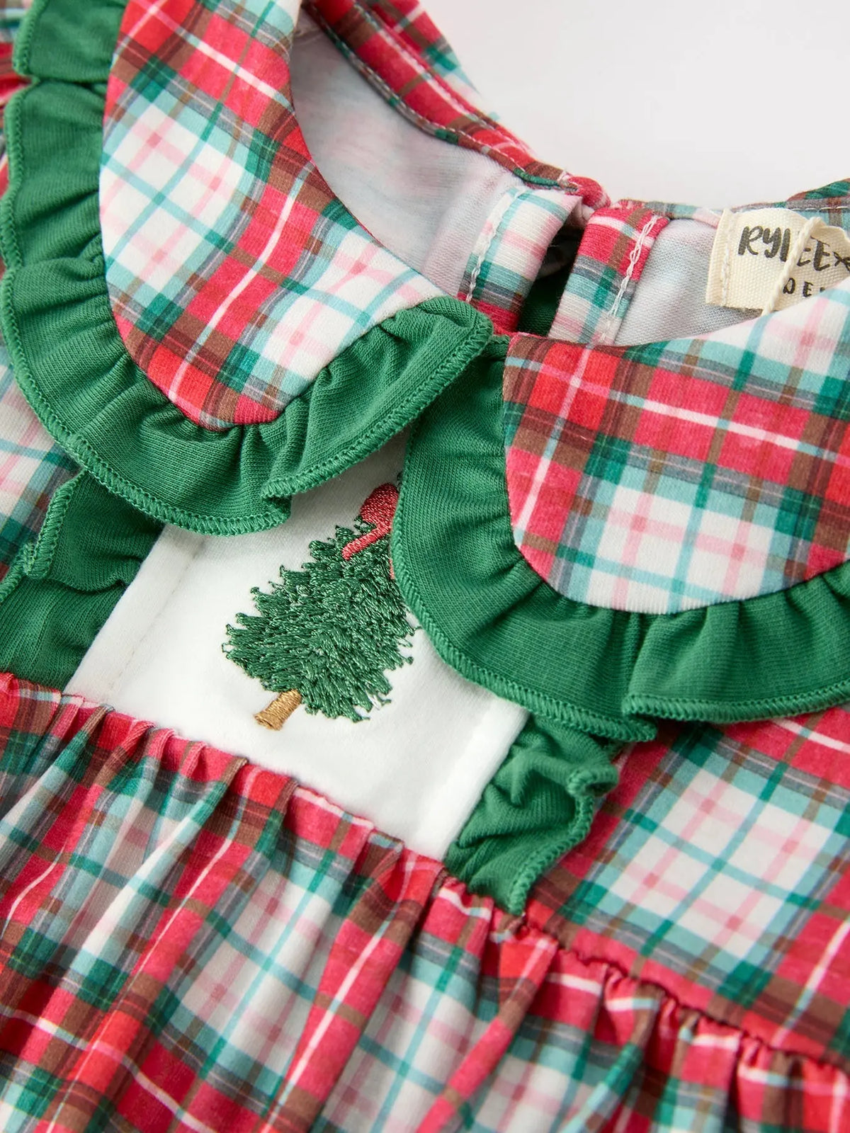 Christmas Tree Plaid Girls Romper Petals Collar Ruffle Rylee Faith Designs