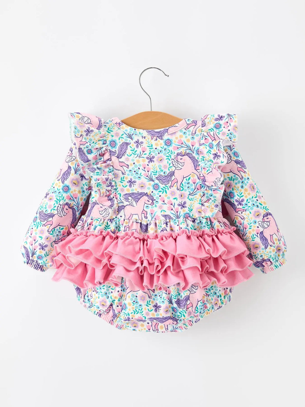 Unicorn Floral Print Girls Long Sleeve Romper