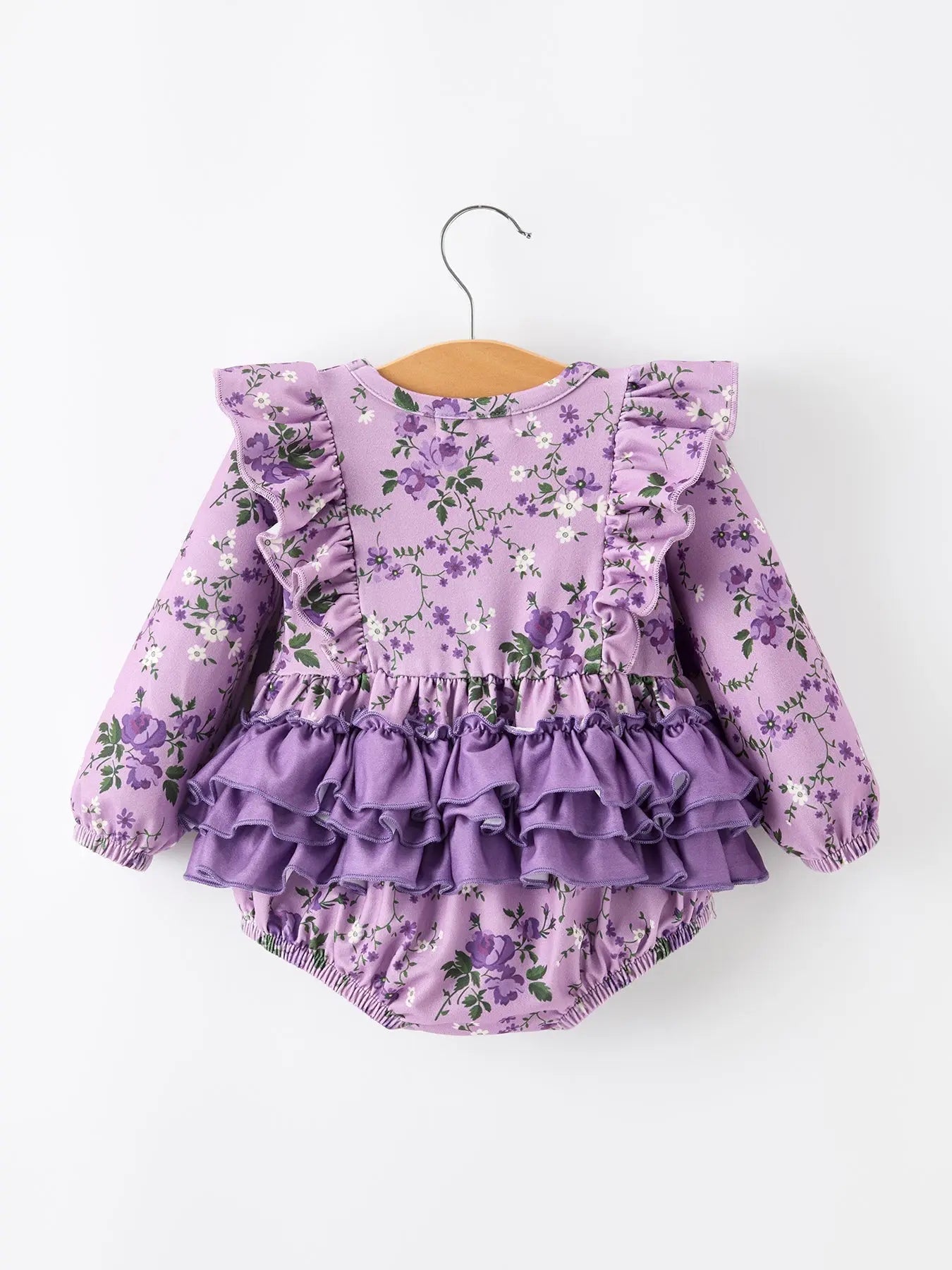 Fall Lavender Floral Print Girls Long Sleeve Romper