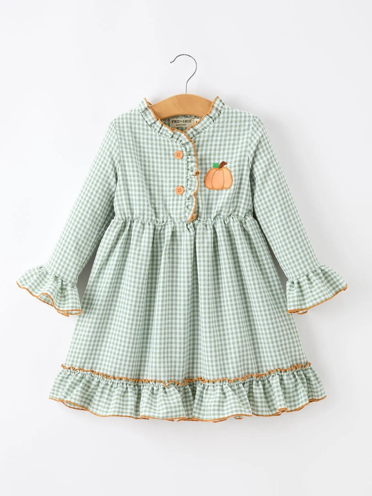 Fall Plaid Girls Dress Pumpkin Applique Ruffle Button Dress