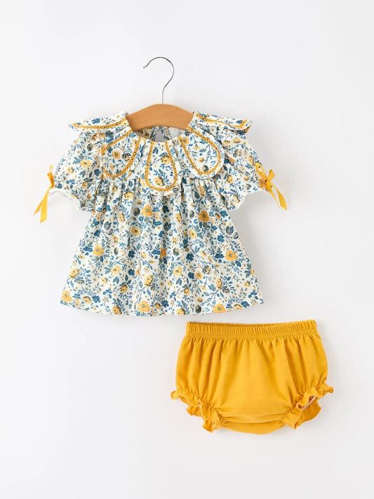 Floral Girls Outfit Set Yellow Puff Sleeve Top Bloomers Set Rylee Faith Designs