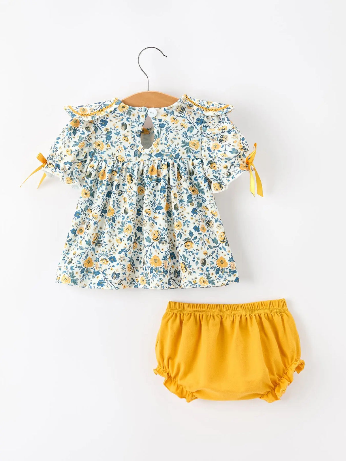 Floral Girls Outfit Set Yellow Puff Sleeve Top Bloomers Set Rylee Faith Designs