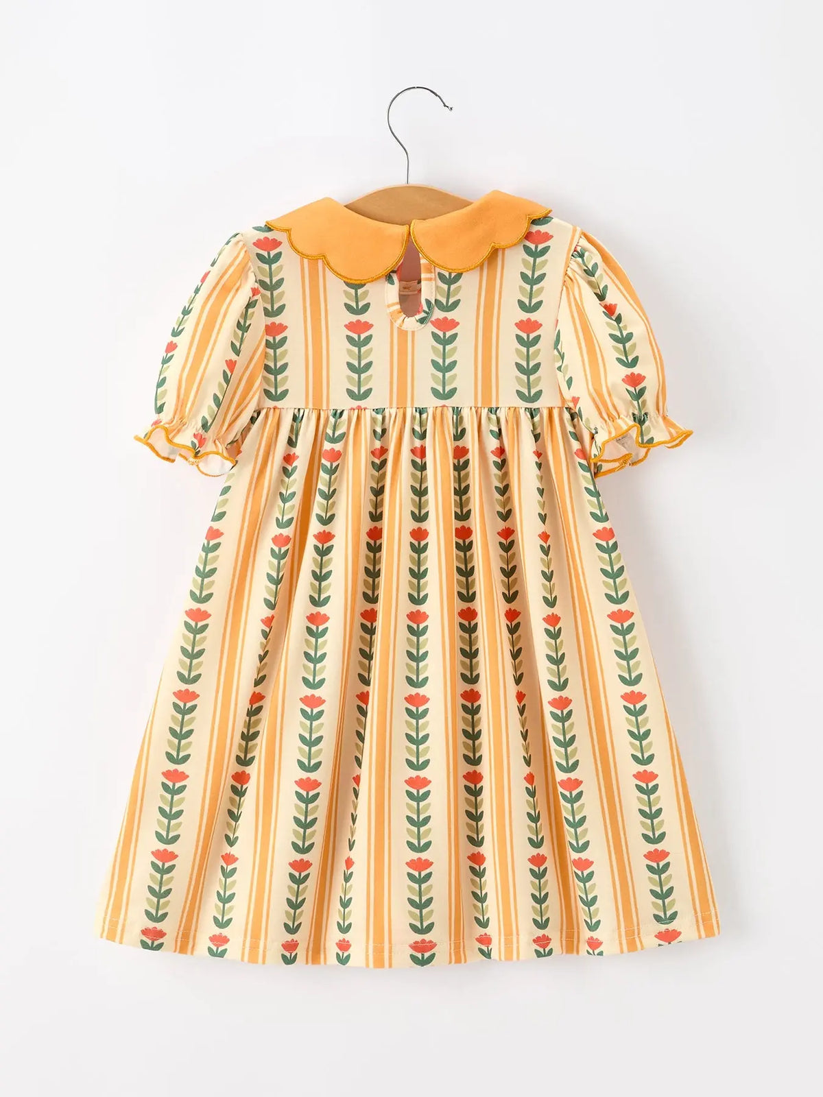 Fall Floral Stripe Girls Dress Petals Collar Smocked