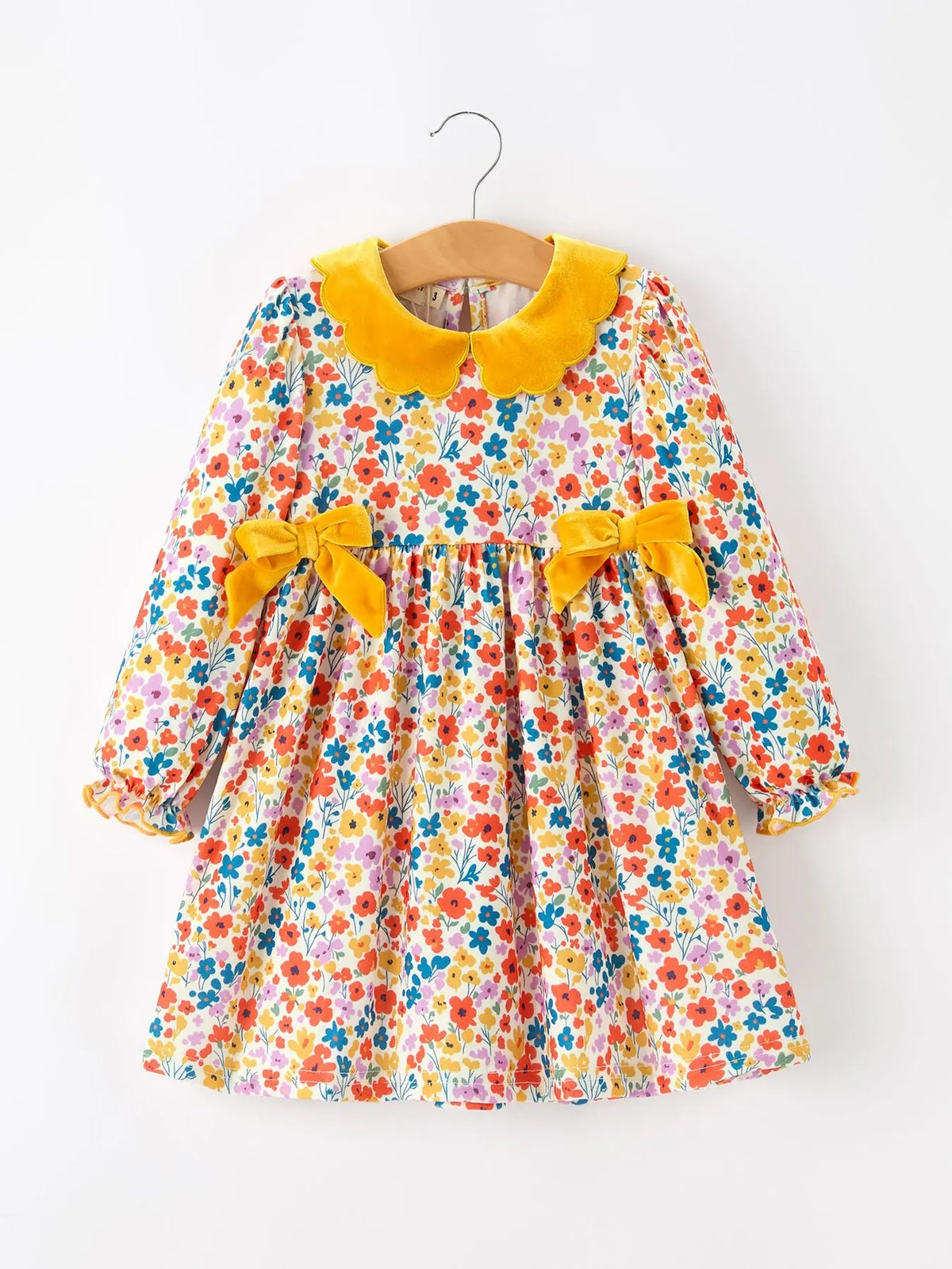 Floral Girls Dress Yellow Velvet Collar Bow Puff Sleeve Dress Rylee Faith Designs