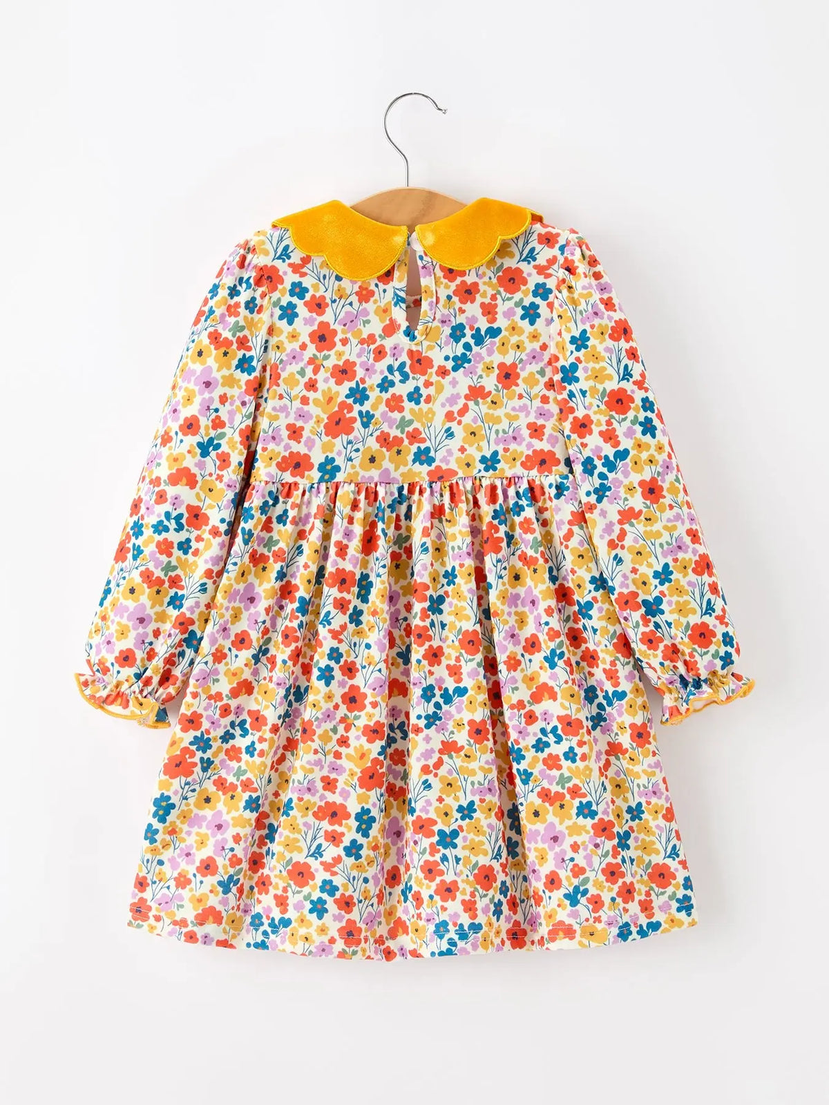 Floral Girls Dress Yellow Velvet Collar Bow Puff Sleeve Dress Rylee Faith Designs