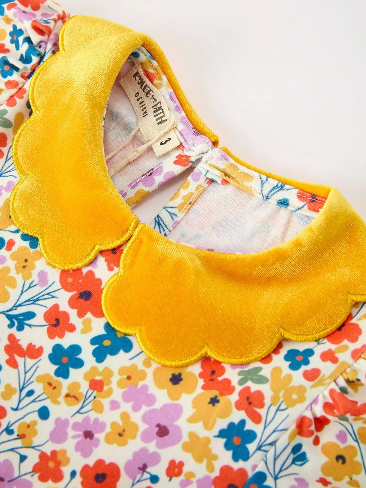 Floral Girls Dress Yellow Velvet Collar Bow Puff Sleeve Dress Rylee Faith Designs
