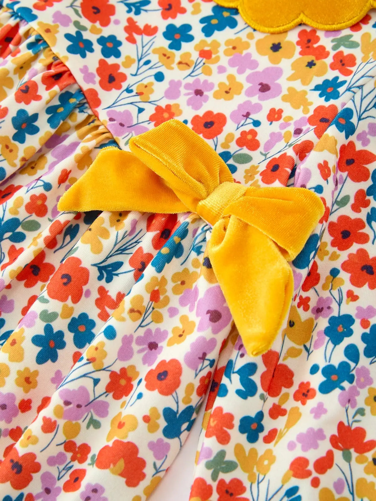Floral Girls Dress Yellow Velvet Collar Bow Puff Sleeve Dress Rylee Faith Designs