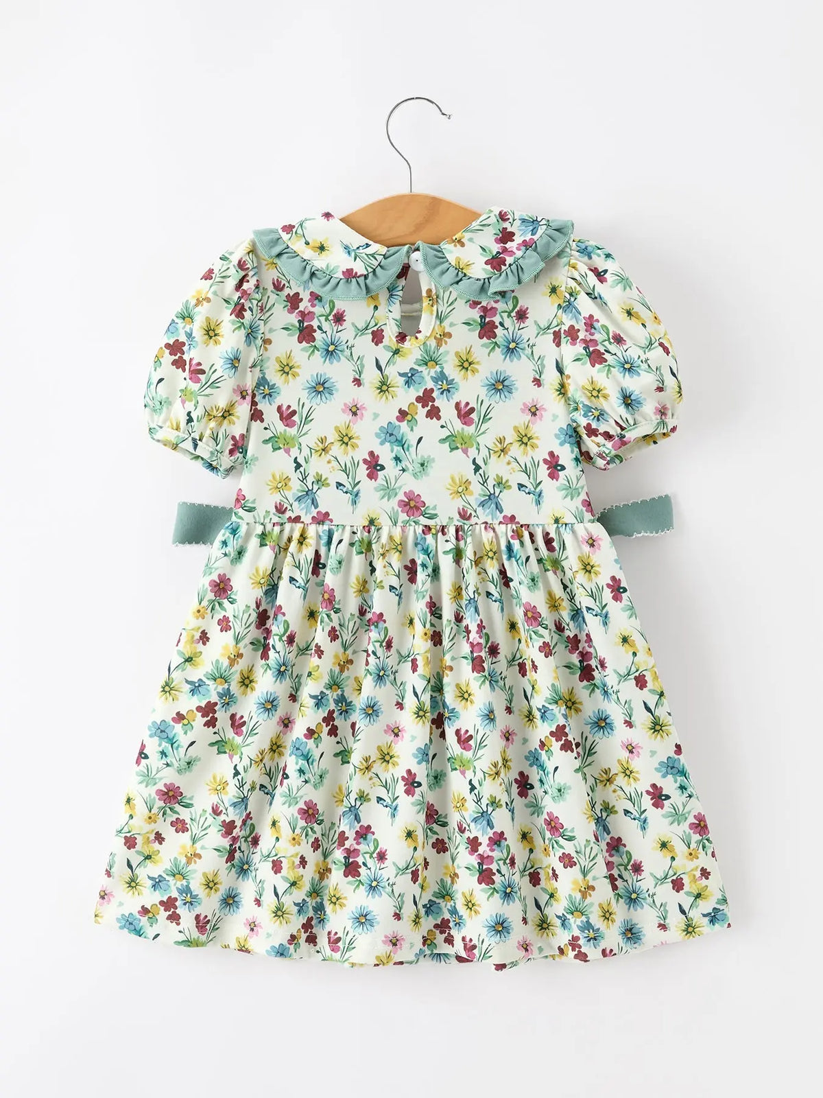 Green Floral Girls Dress Petal Collar Bow Waist Puff Sleeve Dress