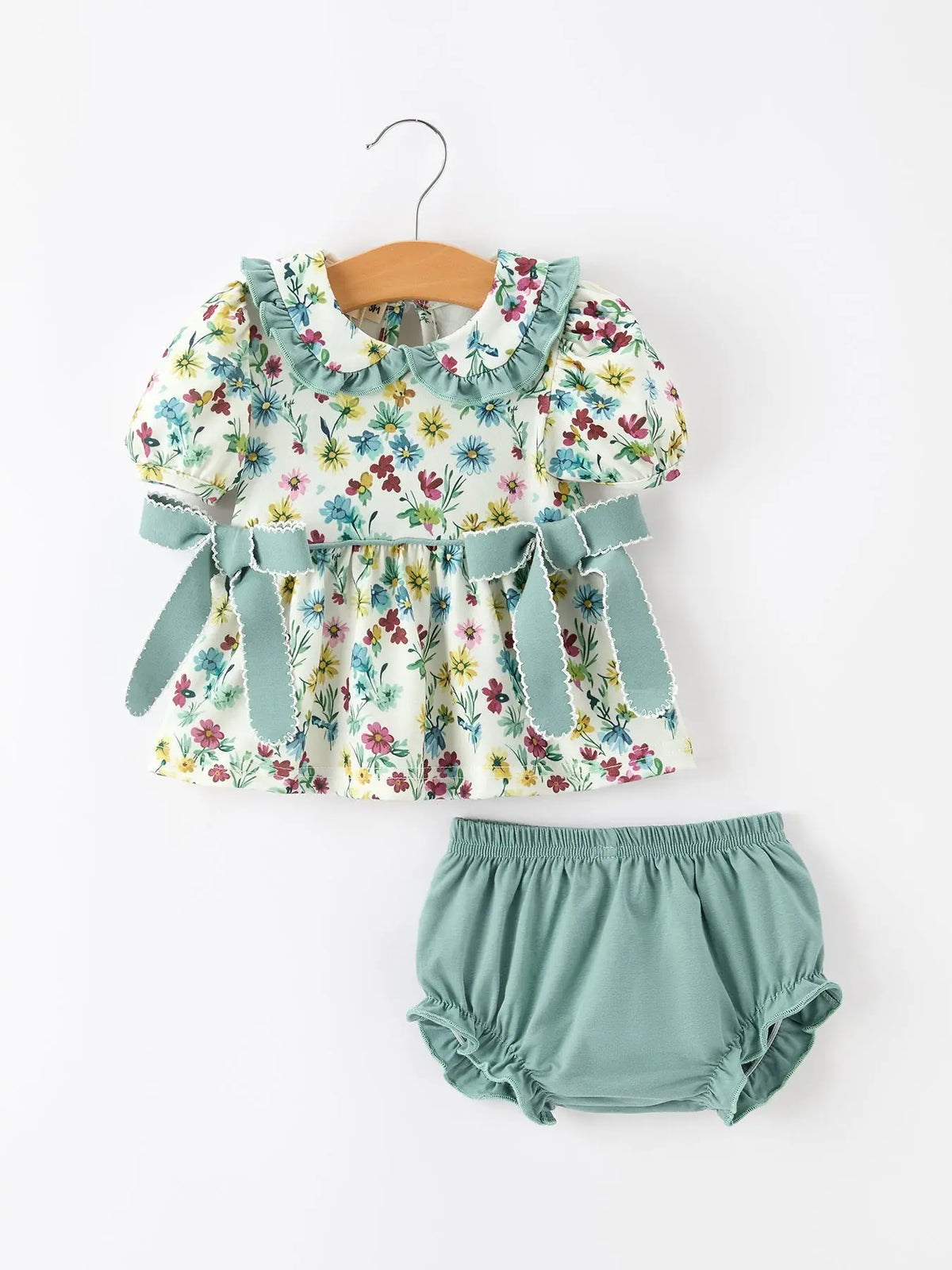 Green Floral Girls Outfit Set Ruffle Collar Bow Baby Bloomer Set Rylee Faith Designs