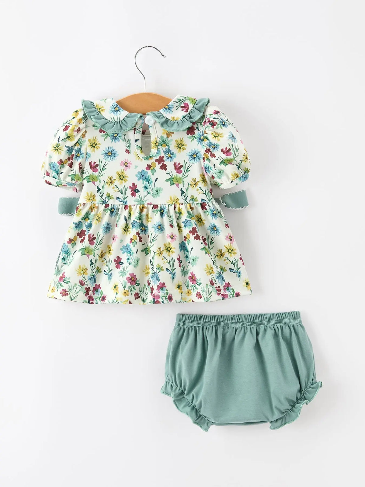 Green Floral Girls Outfit Set Ruffle Collar Bow Baby Bloomer Set Rylee Faith Designs