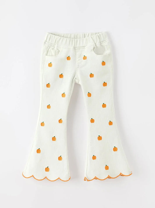 Girls Pumpkin Embroidered Wide-Leg Pants Fall Scallop Hem Casual Pants