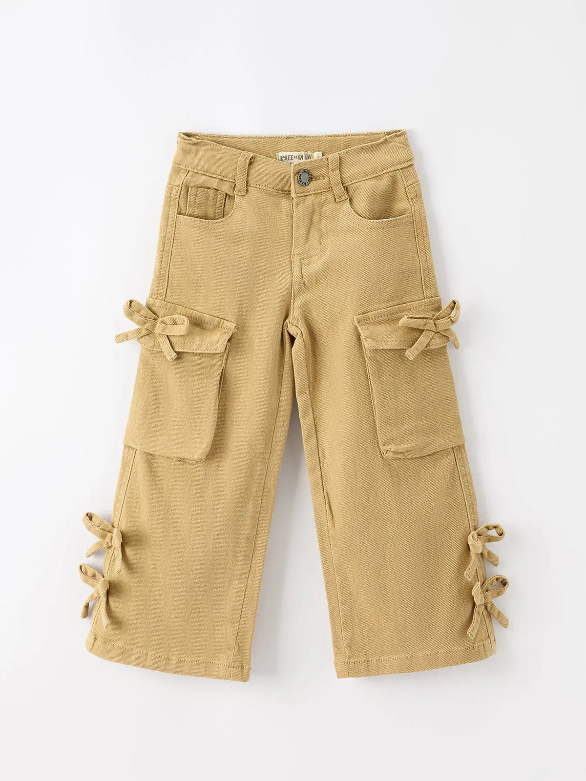 Girls Solid Cargo Leggings Side Bow Pocket Wide Leg Pants