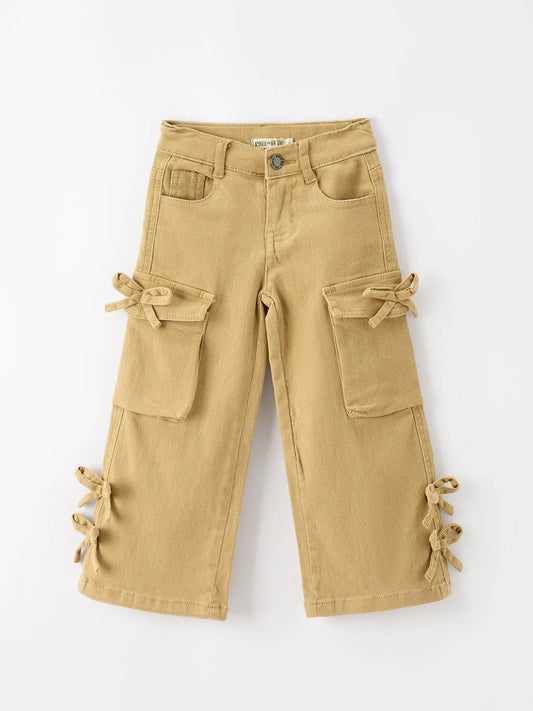 Girls Solid Cargo Leggings Side Bow Pocket Wide Leg Pants