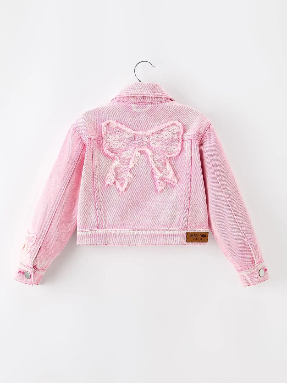 Girls Pink Denim Jacket with Lace Bow Back Detail