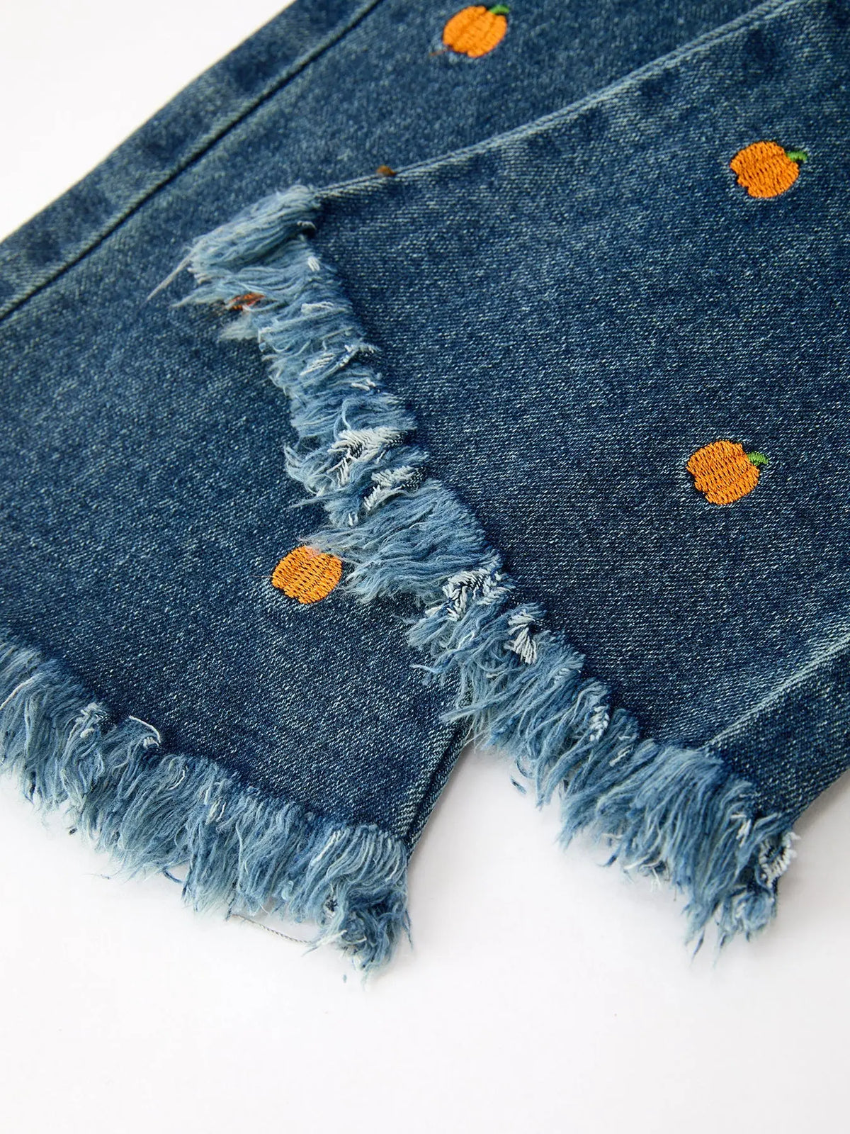 Girls Pumpkin Embroidered Flare Jeans Fall Denim Pants with Fringe Hem
