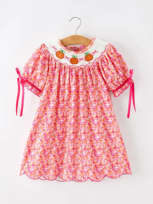 Girls Halloween & Thanksgiving Hot Pink Smocked Twirl Dress
