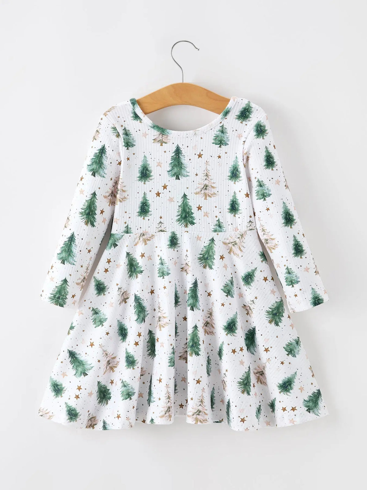 Girls Christmas Tree & Star Ribbed Print Twirl Dress Rylee Faith Designs