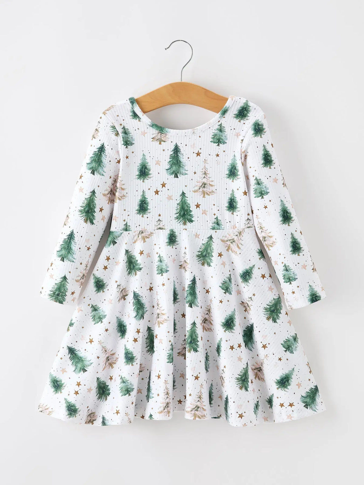 Girls Christmas Tree & Star Ribbed Print Twirl Dress Rylee Faith Designs