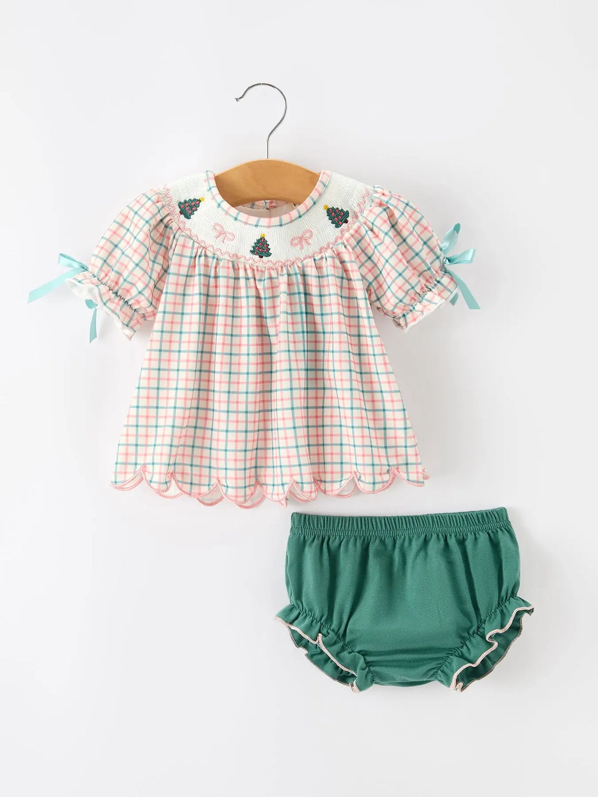 Girls Christmas Plaid Smocked Bloomers Set with Tree Embroidery Rylee Faith Designs