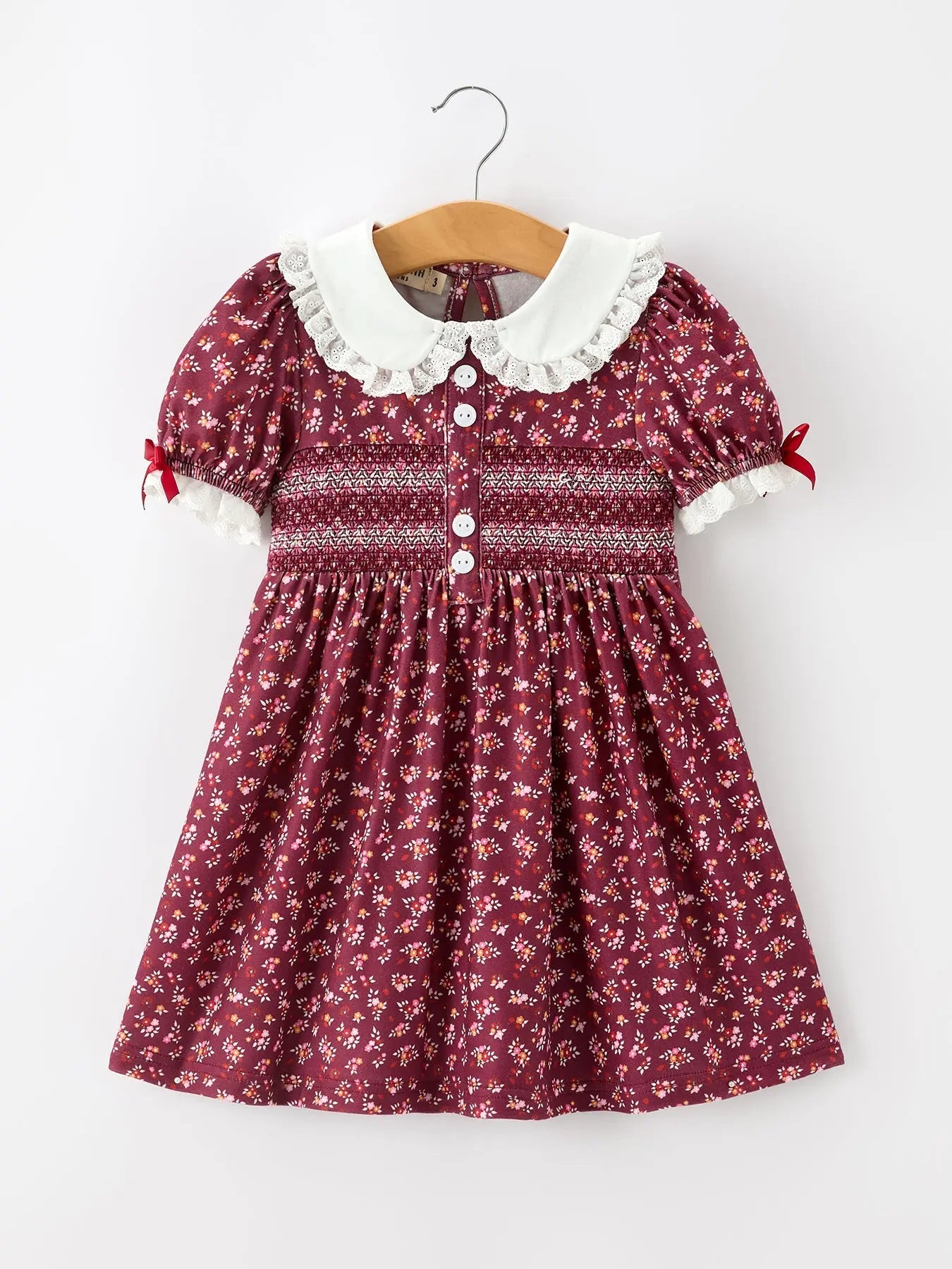Burgundy Floral Smocked Girls Dress Peter Pan Collar Lace Trim