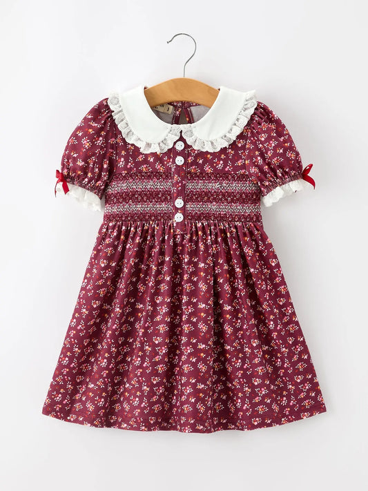 Burgundy Floral Smocked Girls Dress Peter Pan Collar Lace Trim