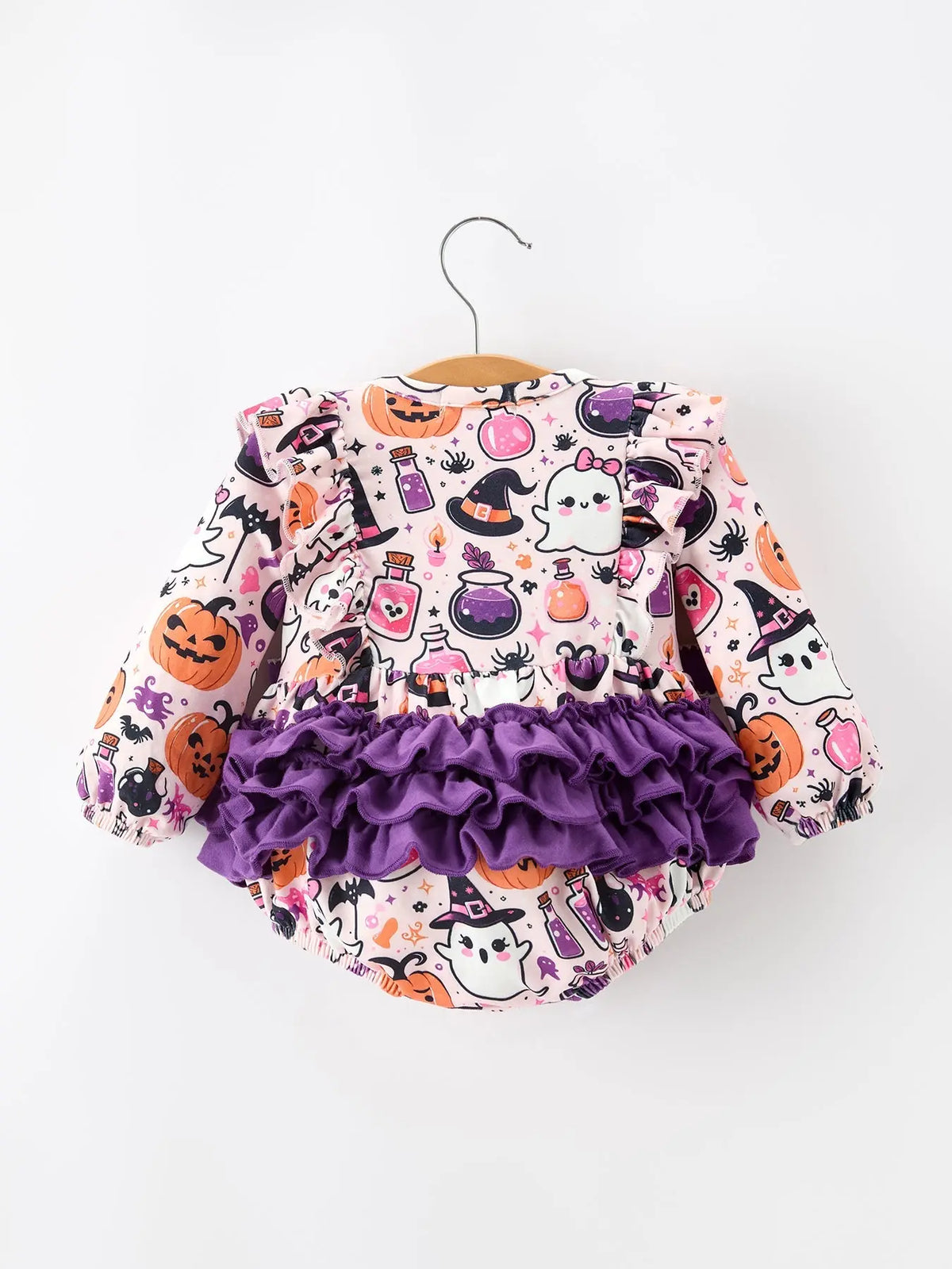 Halloween Pumpkin Ghost Baby Girl Bubble Romper Ruffle Bow Detail