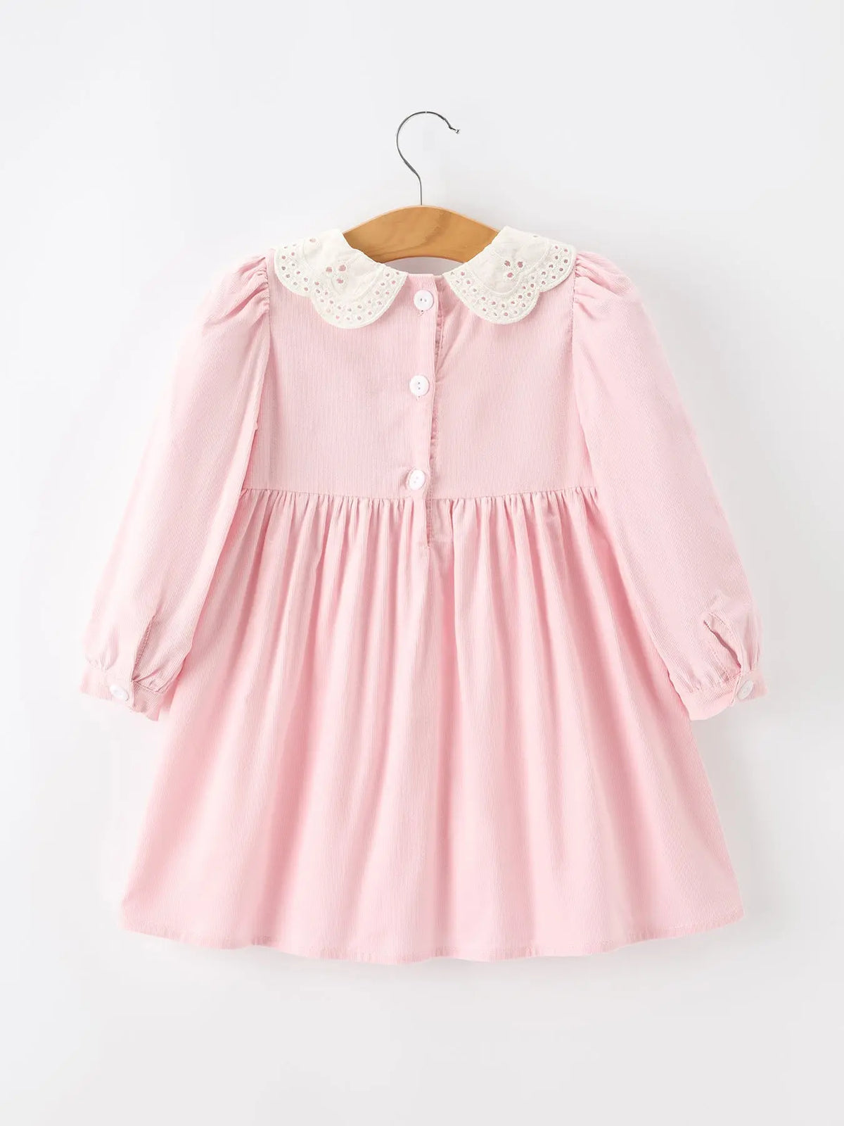 Fall Pink Smocked Girls Corduroy Dress Peter Pan Collar Long Sleeve Floral Detail