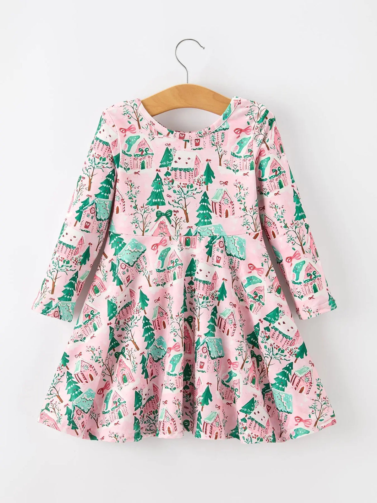 Christmas Girls Pink Holiday Village Print Twirl Dress Rylee Faith Designs