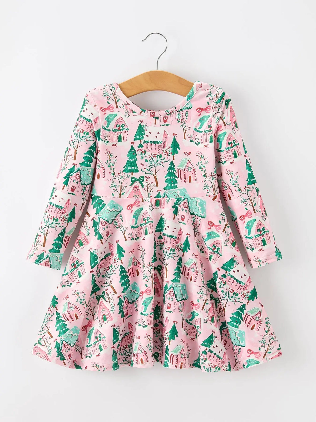 Christmas Girls Pink Holiday Village Print Twirl Dress Rylee Faith Designs