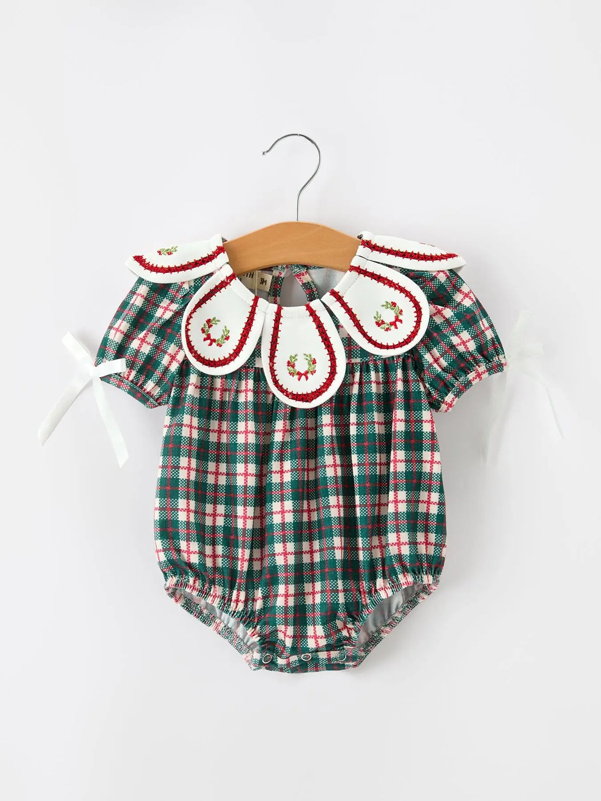 Baby Girl Christmas Plaid Wreath Embroidery Bubble Romper Rylee Faith Designs