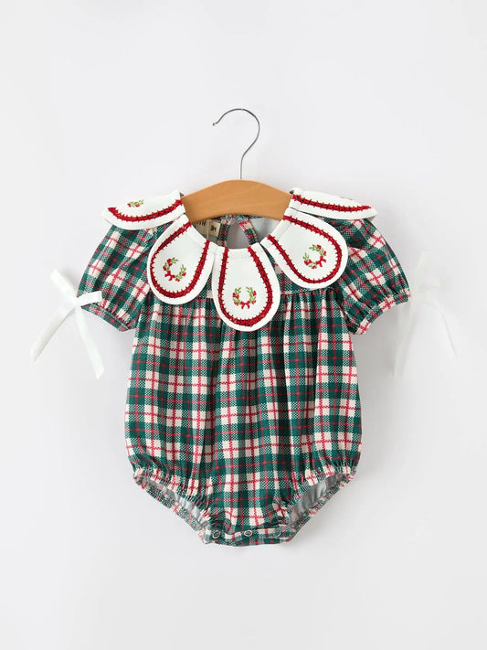 Baby Girl Christmas Plaid Wreath Embroidery Bubble Romper Rylee Faith Designs
