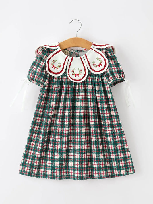 Baby Girl Christmas Plaid Embroidered Dress Wreath Collar Rylee Faith Designs