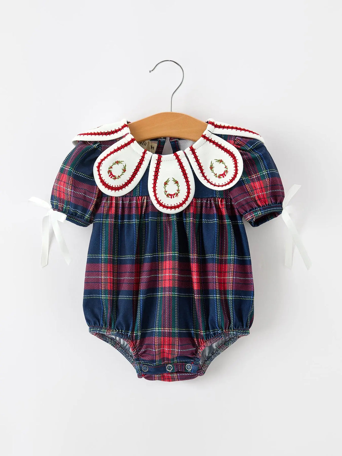 Navy Red Christmas Plaid Wreath Baby Girl Bubble Romper Rylee Faith Designs