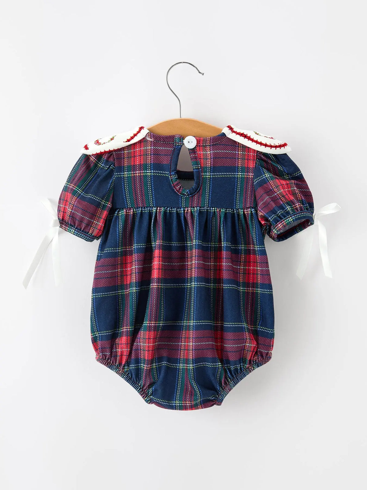Navy Red Christmas Plaid Wreath Baby Girl Bubble Romper Rylee Faith Designs