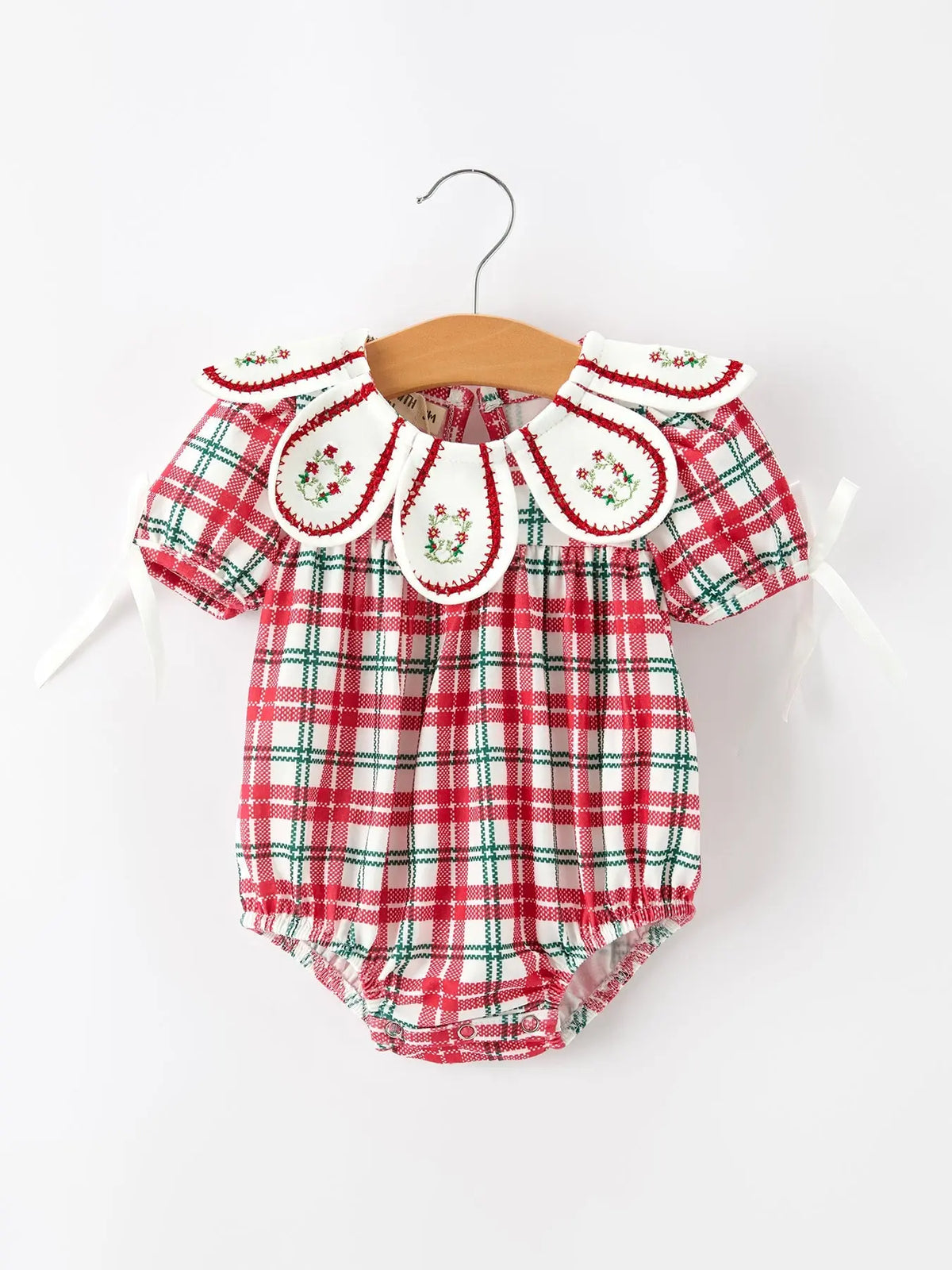 Red Christmas Plaid Wreath Baby Girl Bubble Romper Rylee Faith Designs