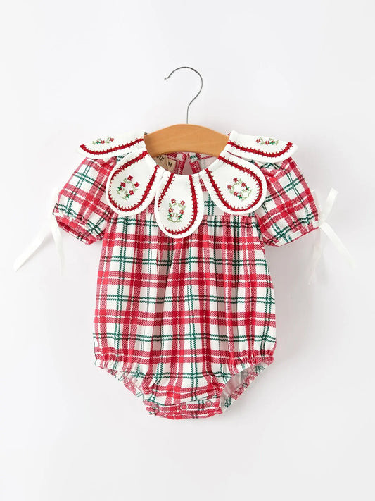 Red Christmas Plaid Wreath Baby Girl Bubble Romper Rylee Faith Designs