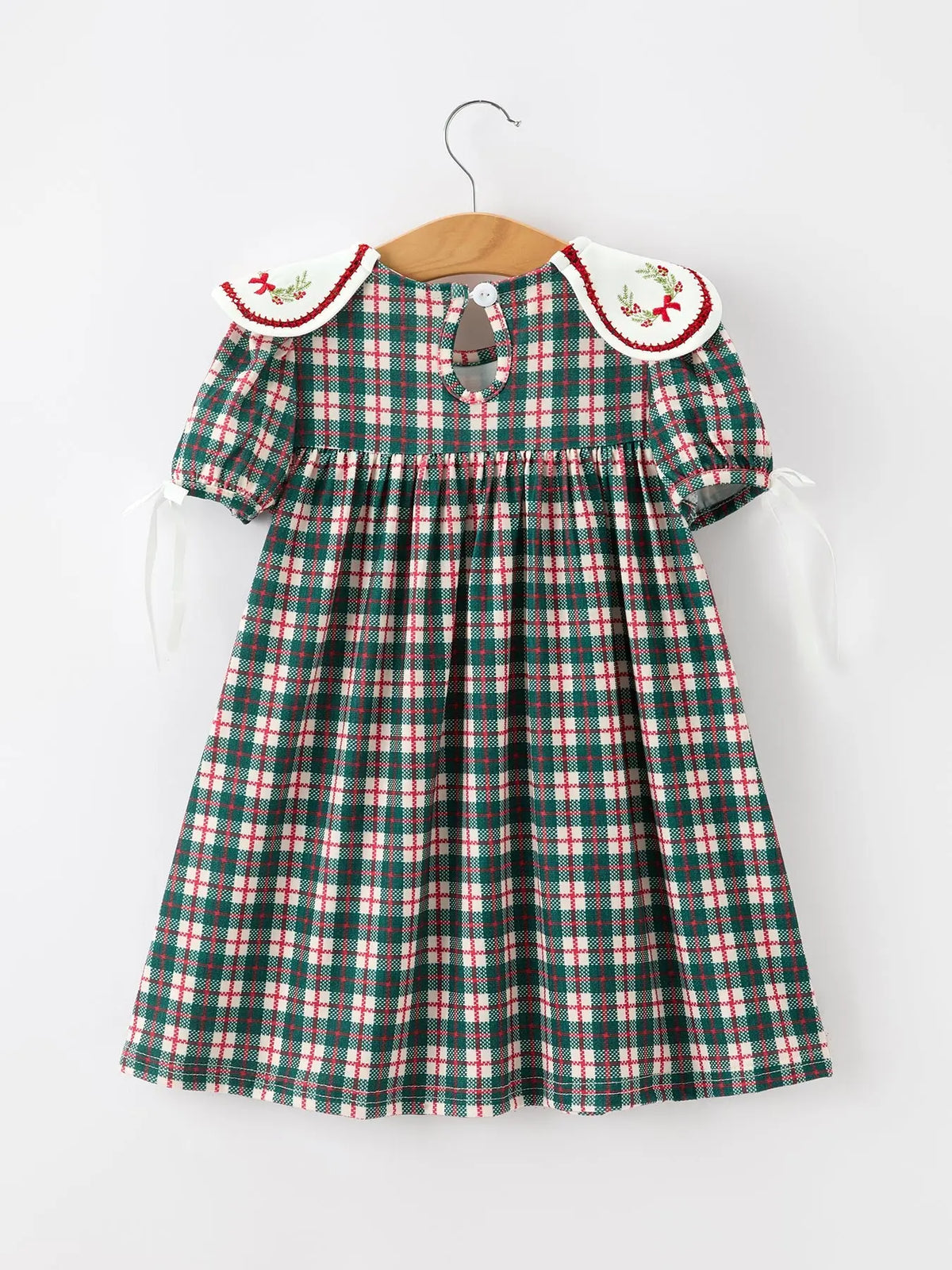 Baby Girl Christmas Plaid Embroidered Dress Wreath Collar Rylee Faith Designs