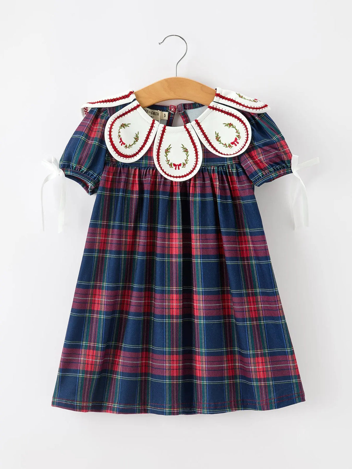 Navy Red Christmas Plaid Wreath Embroidered Girl Dress Rylee Faith Designs