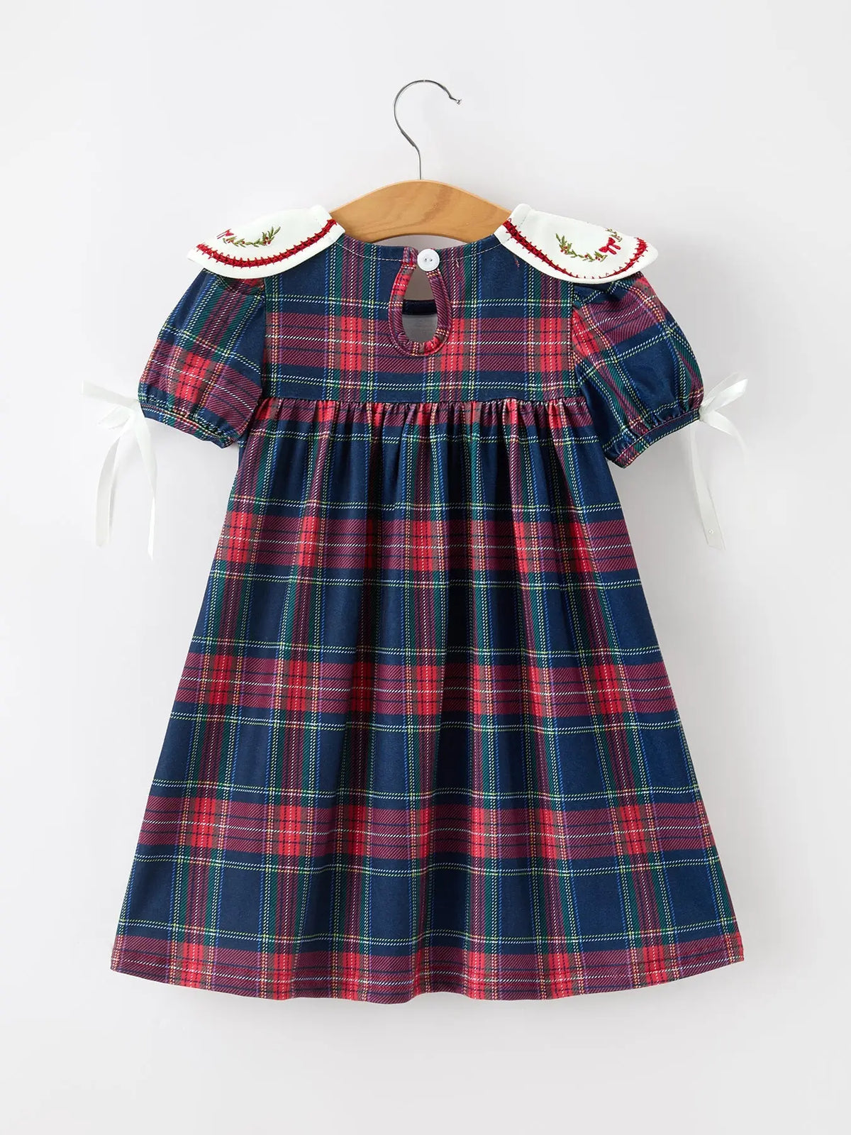 Navy Red Christmas Plaid Wreath Embroidered Girl Dress Rylee Faith Designs