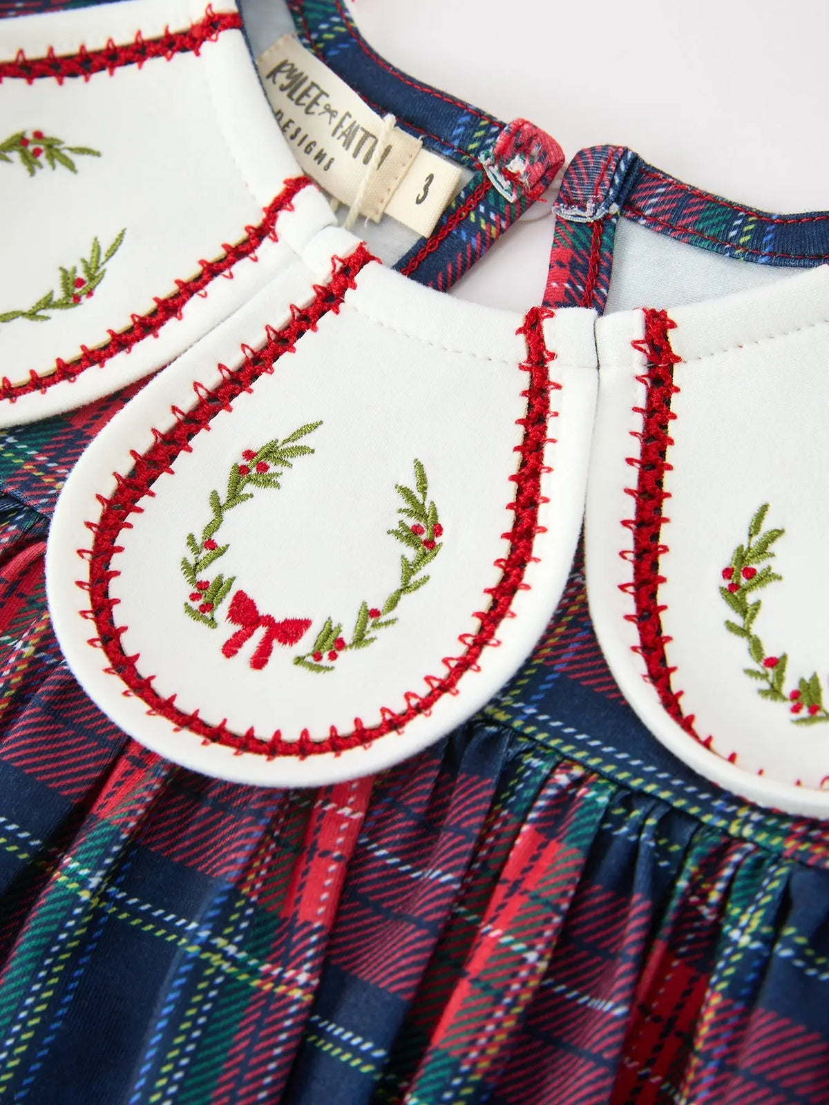 Navy Red Christmas Plaid Wreath Embroidered Girl Dress Rylee Faith Designs