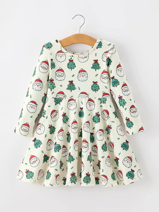 Girls Santa & Christmas Tree Print Twirl Dress Rylee Faith Designs