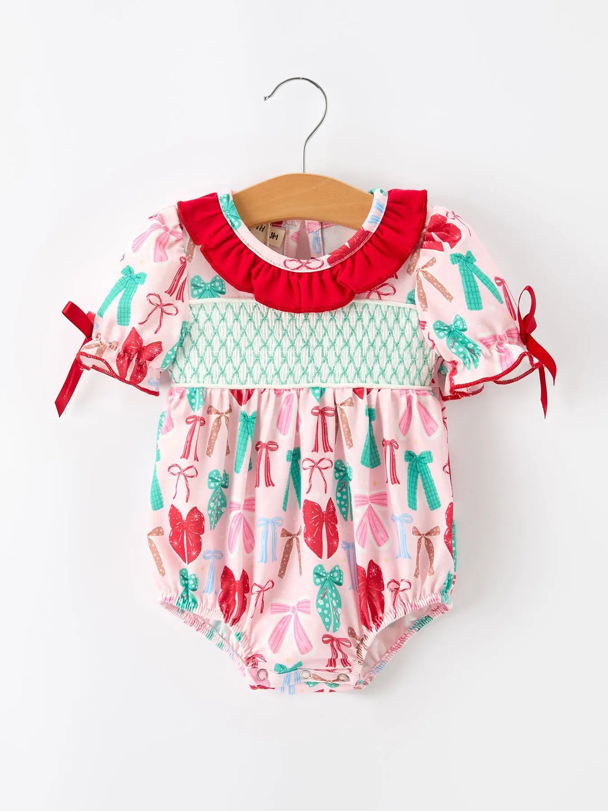 Baby Girl Christmas Smocked Bubble Romper Bow Print Rylee Faith Designs