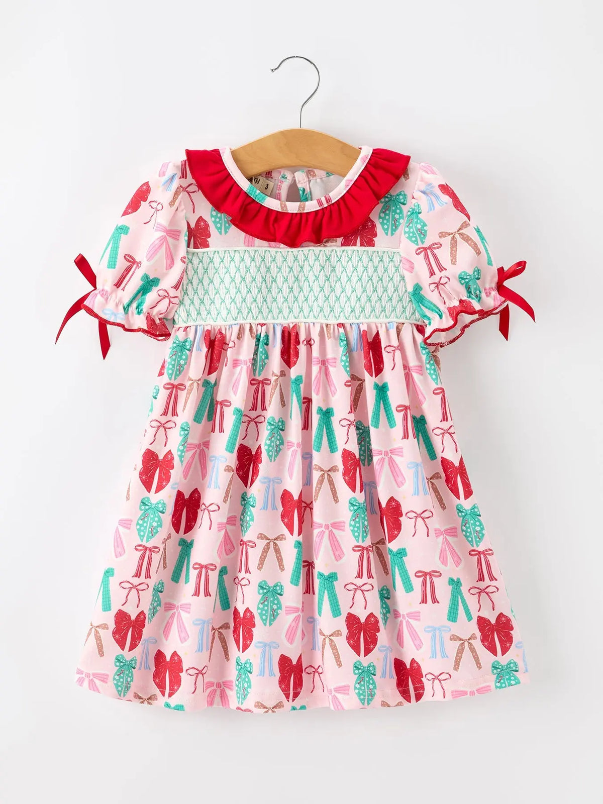 Girl Christmas Smocked Dress Red Green Bow Holiday Party Dress Rylee Faith Designs