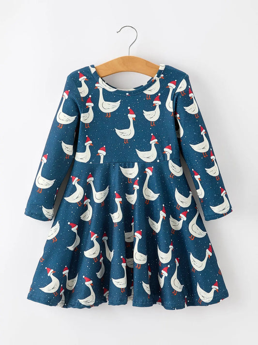 Christmas Girls Goose Twirl Dress Navy Long Sleeve Dress Rylee Faith Designs