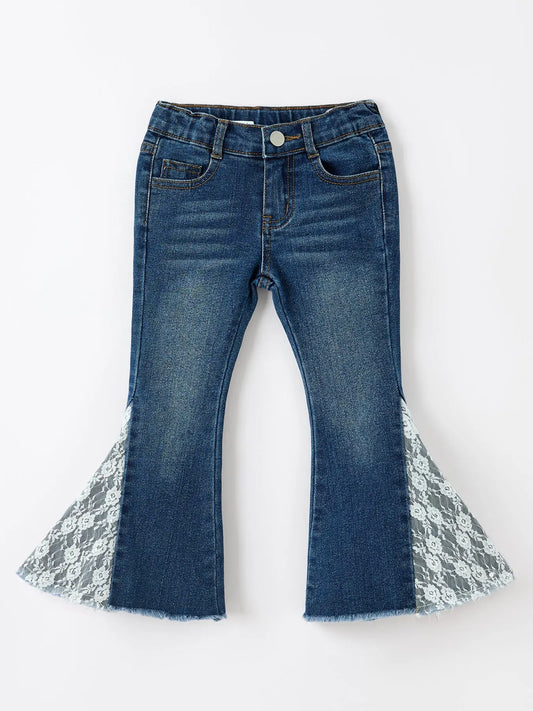 Girls Denim Bell Bottom Pants Lace Flare Jeans