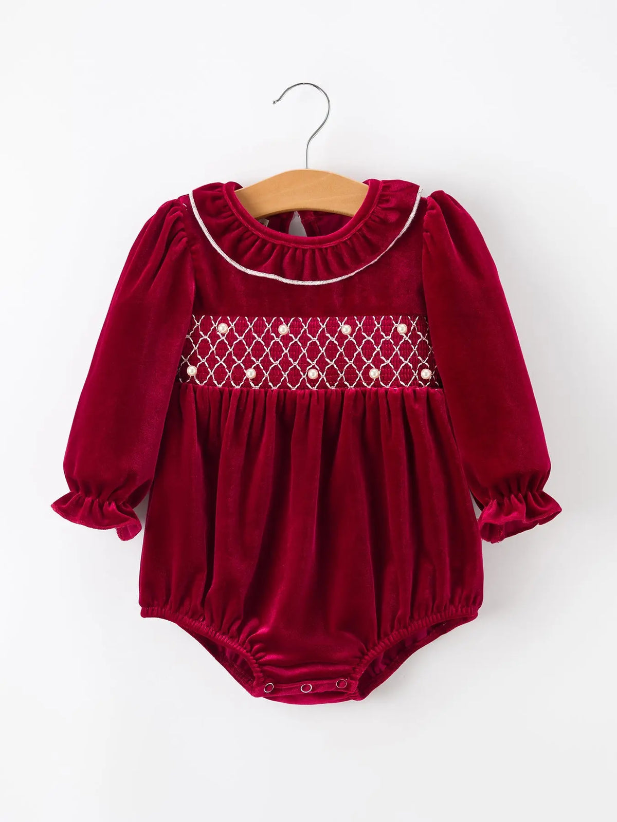 Christmas Velvet Smocked Baby Bubble Romper with Pearl Detail Rylee Faith Designs