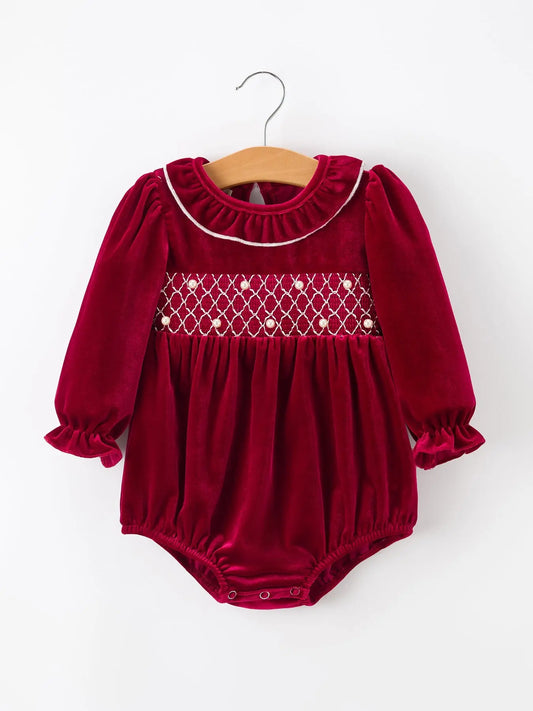 Christmas Velvet Smocked Baby Bubble Romper with Pearl Detail Rylee Faith Designs