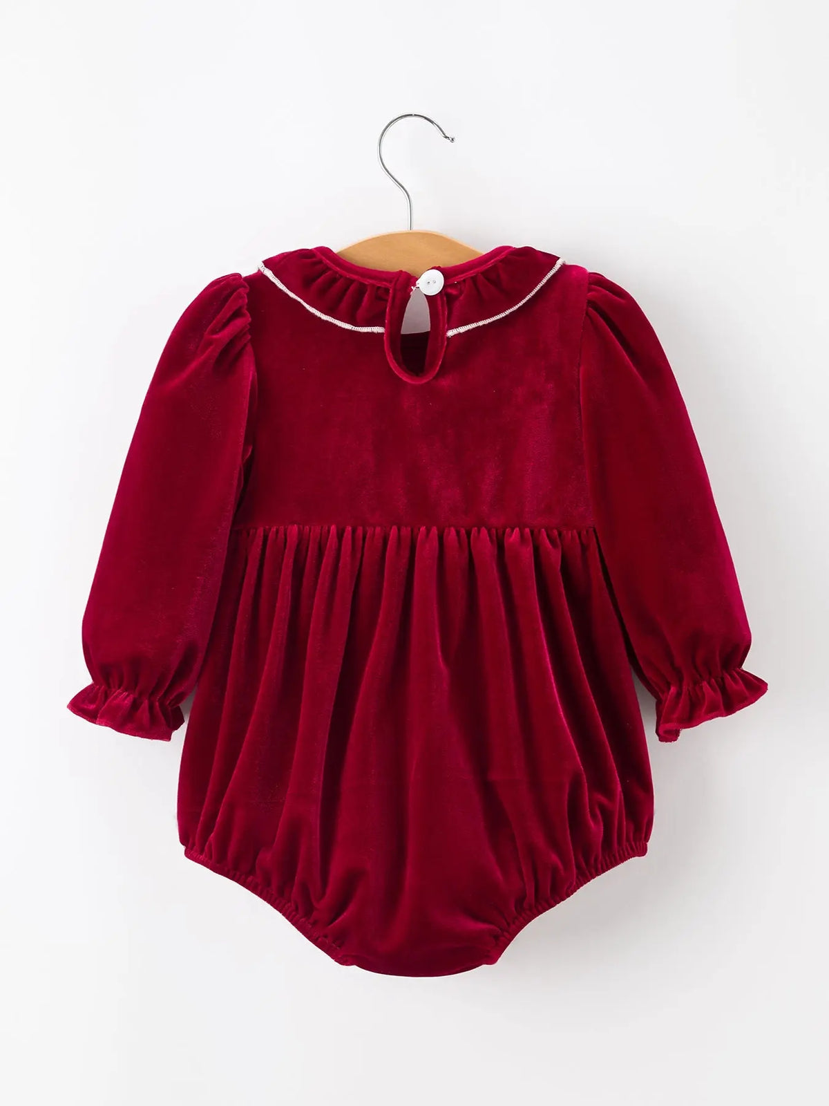 Christmas Velvet Smocked Baby Bubble Romper with Pearl Detail Rylee Faith Designs